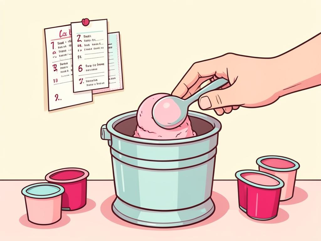 Illustration of a hand scooping the first perfect scoop of pink ice cream in a home kitchen