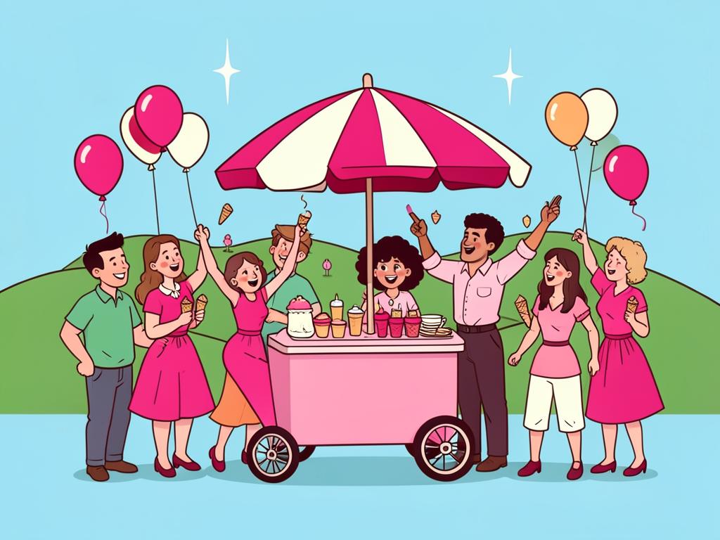 Illustration of a Pinky's ice cream cart at a Hudson Valley birthday party with balloons