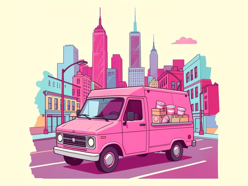 Illustration of a pink Pinky's delivery van driving through New York City