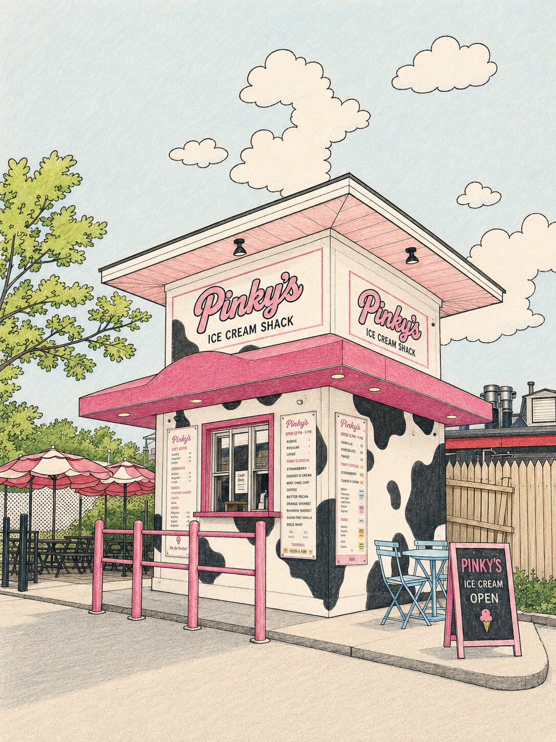 Illustration of the Pinky's Ice Cream shack with cow-print exterior and outdoor seating